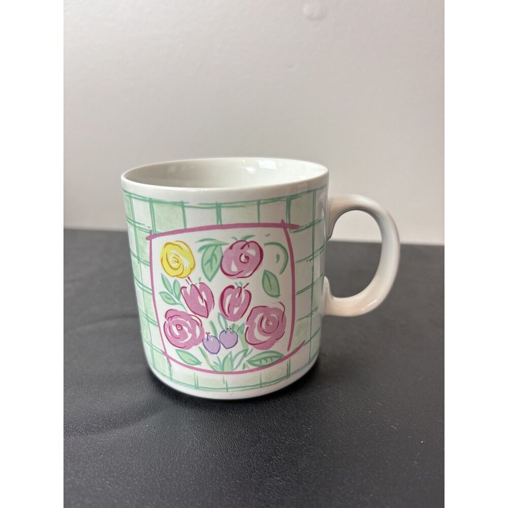 Russ VTG Gingham Spring Coffee Mug Y2K Kitchen Green and Pink Coffee Cup